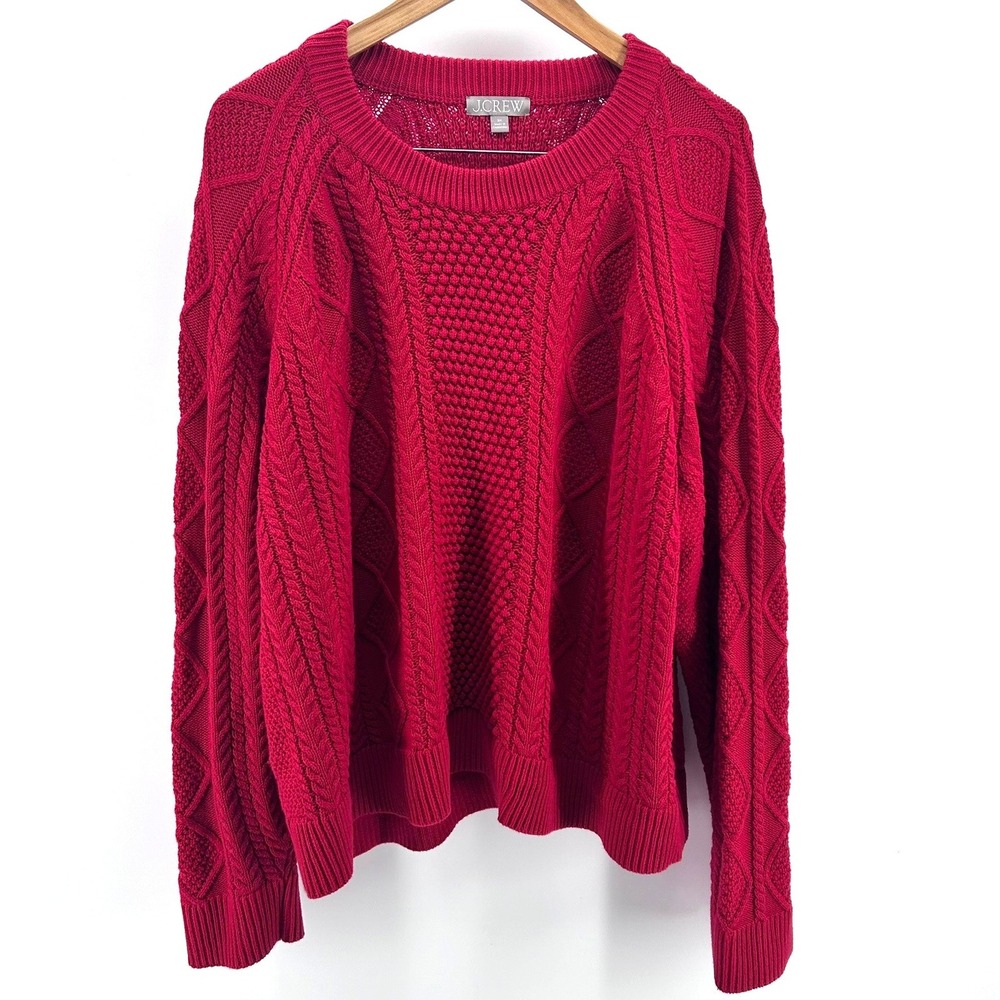 J.Crew Womens 3X Red Cable Knit Cotton Crewneck Sweater Mixed Stitch Pullover - Picture 3 of 4